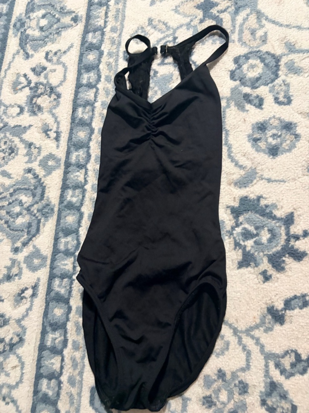 Black leotard with open back and lace trim petite adult